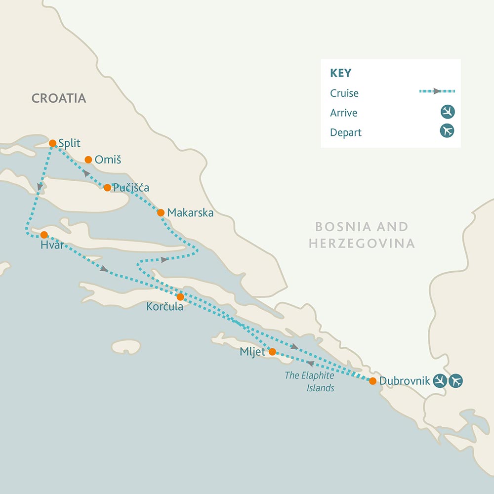 tourhub | Riviera Travel | Dubrovnik, Split & Jewels of the Dalmatian Coast Yacht Cruise - MV Corona | Tour Map