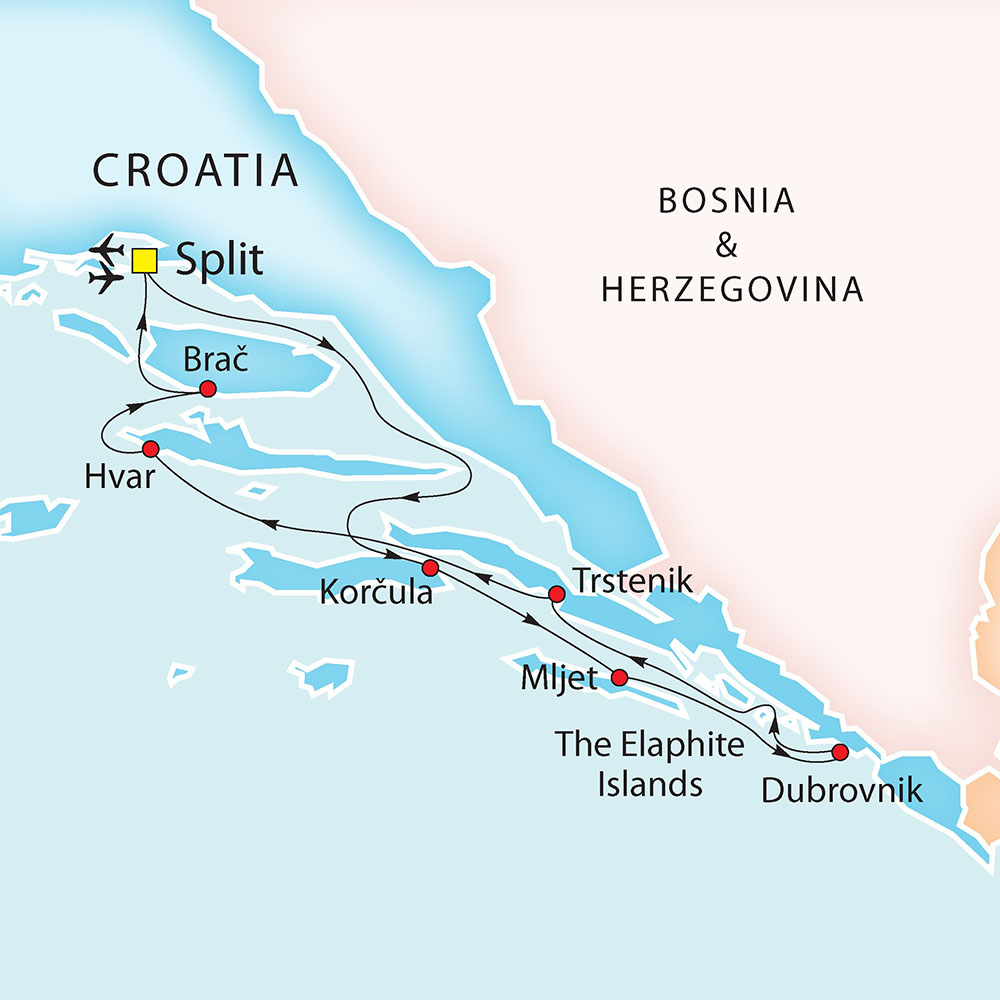 tourhub | Riviera Travel | Split, Dubrovnik & the Splendours of Dalmatia Yacht Cruise - MS Adriatic Sun | Tour Map